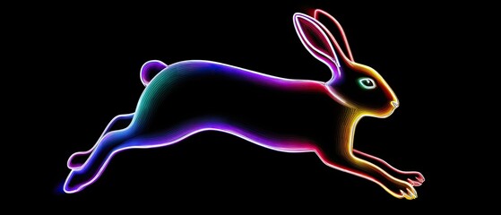 A vibrant, neon outline of a rabbit leaping against a black background, showcasing a blend of colorful lines and a dynamic pose.