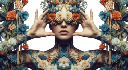Woman adorned with intricate floral patterns and holding flowers near her face collage art Ornate Botanical transparent background