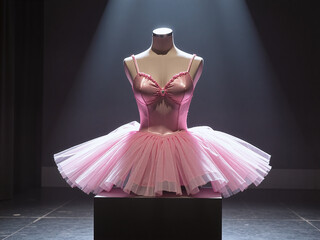 Fototapeta premium A pink tutu draped across the display stand, a dramatic minimalist setting, a gentle reverence for the art of costume, bathed in theatrical lighting.