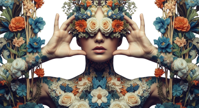 Woman adorned with intricate floral patterns and holding flowers near her face collage art Ornate Botanical transparent background