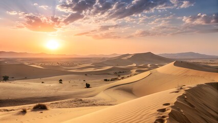 Golden sand dunes at sunrise, minimal shadows, clean sky, panoramic view