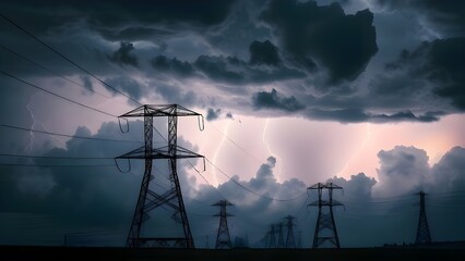 High voltage transmission lines silhouetted against stormy sky with lightning, concept of power failure, electricity infrastructure risk