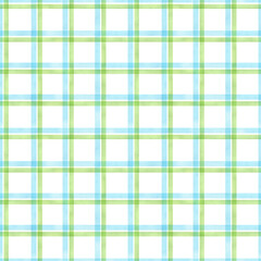 Seamless green and blue checkered pattern background. Classic endless check backdrop. Hand drawn watercolor repeating illustration for textile, wrapping, wallpaper, fabric, paper, cover, decor