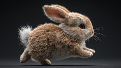A fluffy, light brown rabbit in mid-leap against a dark backdrop