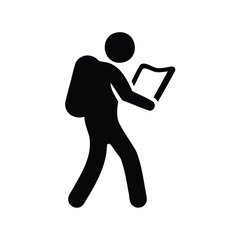 A person with a backpack looking at a book or map icon