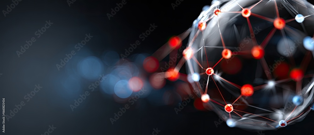 Poster a digital network visualization featuring interconnected nodes in red and blue against a dark backgr