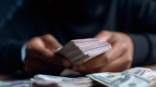 Man counts a stack of american dollar bills, symbolizing illegal money, fraud, and financial crime. Concepts of scam.