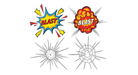 A set of four comic book style illustrations, including two 'BLAST' explosions and two shattered glass impact effects.