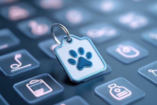 Metallic keychain with a paw print icon resting on a keyboard with glowing buttons and a tech-inspired backdrop - Powered by Adobe