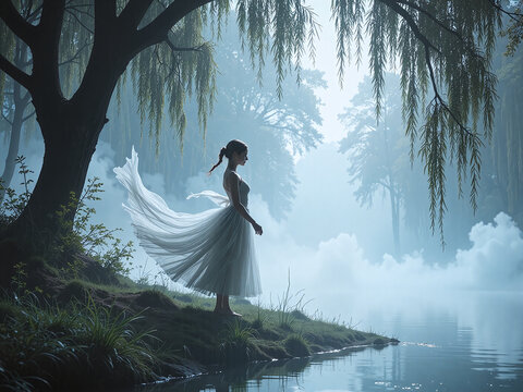 "Giselle" abstract scene, ghostly ballerina silhouette, pale mist, weeping willows, white tulle swirling,A spectral love story woven in fog and ephemeral movement.