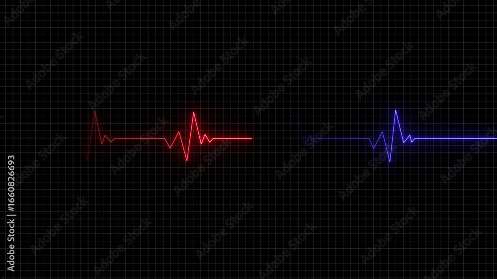 Poster Heartbeat and pulse rate signal neon colorful technology animation on grid background. Electrocardiogram show heart beat line icon animated video on black background.