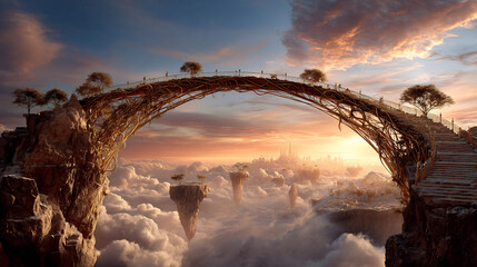 Golden vine bridge arches over a cloudscape, leading to a distant city in a fantasy environment.