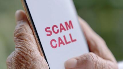 An old man holding a smartphone with `scam call` text visible on screen. Fraud prevention and awareness concept. Safety.