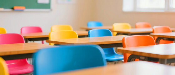 Classroom Desks Chairs Colorful School Furniture Elementary Education Students Learning Environment Bright Interior