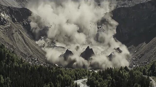 Dramatic 4K Footage of a Mountain Slope Collapsing with Giant Rocks Crashing into a Valley.