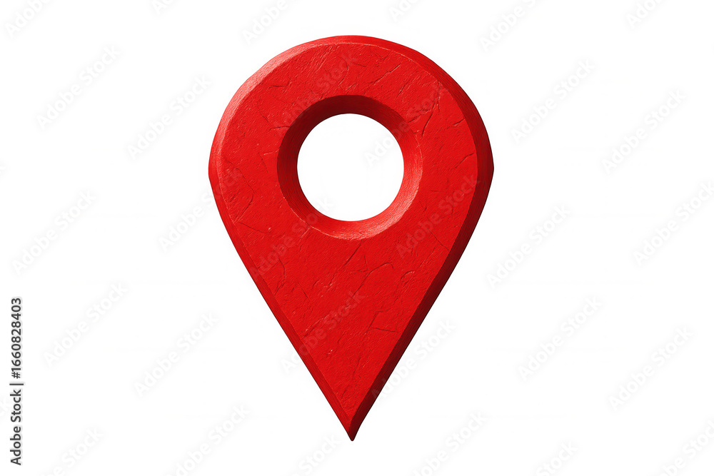 Poster red location pin marking geographical point on transparent surface, highlighting digital mapping and