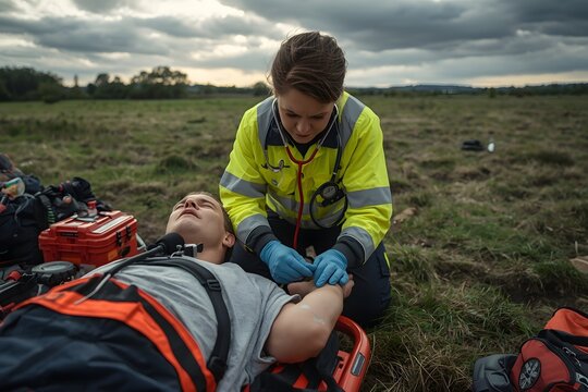 EMT treats a patient. Emergency medical technician (EMT) starting a patient s IV in the field