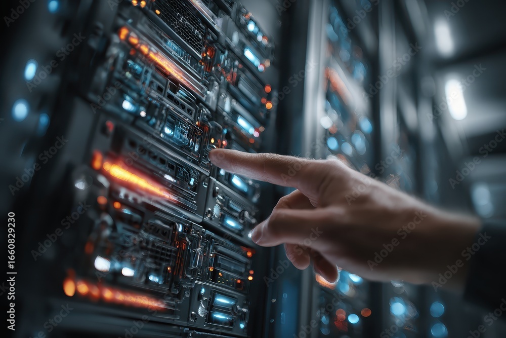 Aufkleber close-up of hand interacting with modern data server in high-tech environment