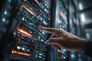 Close-Up of Hand Interacting with Modern Data Server in High-Tech Environment