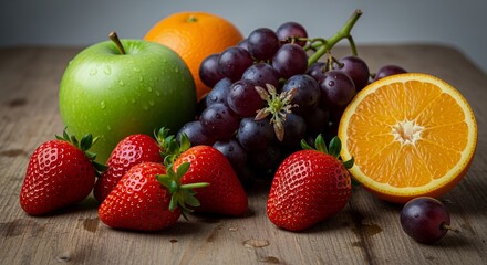 Vibrant Fruit Still Life: Apples, Strawberries, Grapes, and Oranges