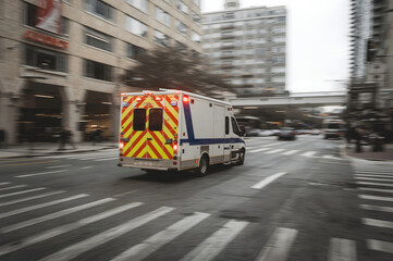 The ambulance is driving through an intersection towards the emergency room. Panning in the background is blurred.