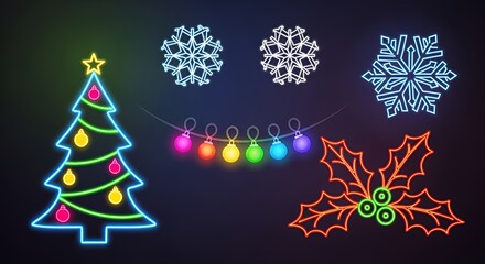 Neon Christmas Decorations: Festive Lights, Tree, Snowflakes, and Holly