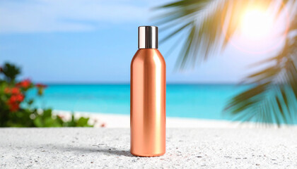 Sunscreen Bottle by the Sea: A bronze-colored sunscreen bottle rests serenely on a textured surface, set against a captivating beach view. The scene evokes thoughts of relaxation and skin protection.