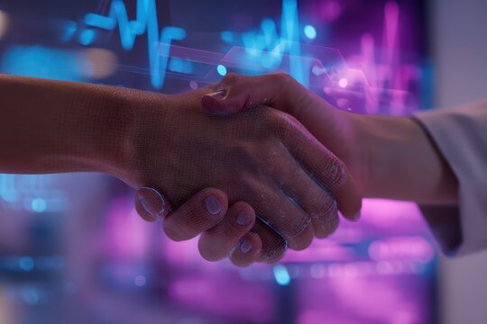 Futuristic Handshake Between Two People with Digital Background and Heartbeat