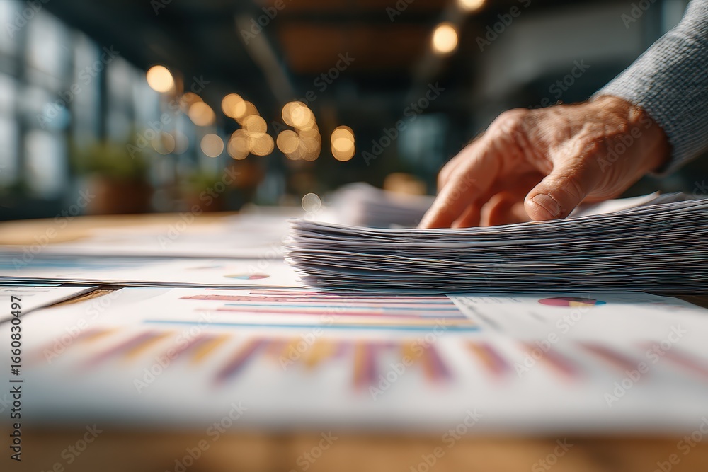 Aufkleber hand sorting reports on desk with business charts and blurred background
