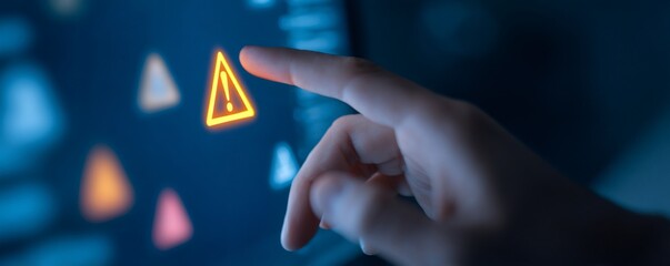Woman hand touching digital screen with yellow warning sign. Cybercrime alert, data hacking and online fraud concept for internet security.