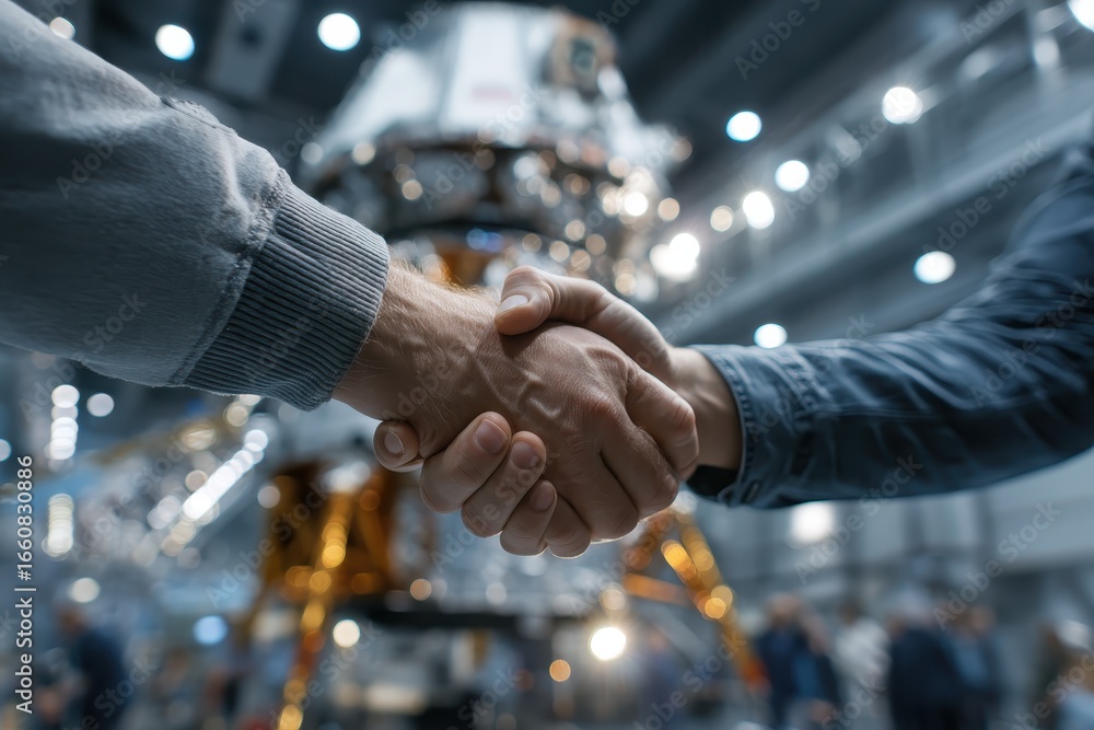 Poster handshake between two engineers in front of spacecraft prototype interior