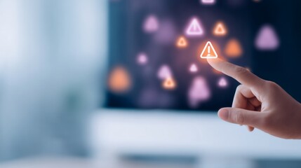 Woman human hand touching alert sign on virtual screen. Safety privacy data or cyber security risk hacking background.