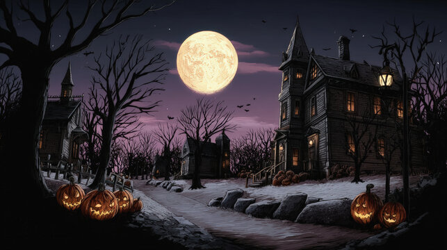 Spooky street scene featuring haunted house, eerie trees, and glowing pumpkins under full moon creates chilling atmosphere
