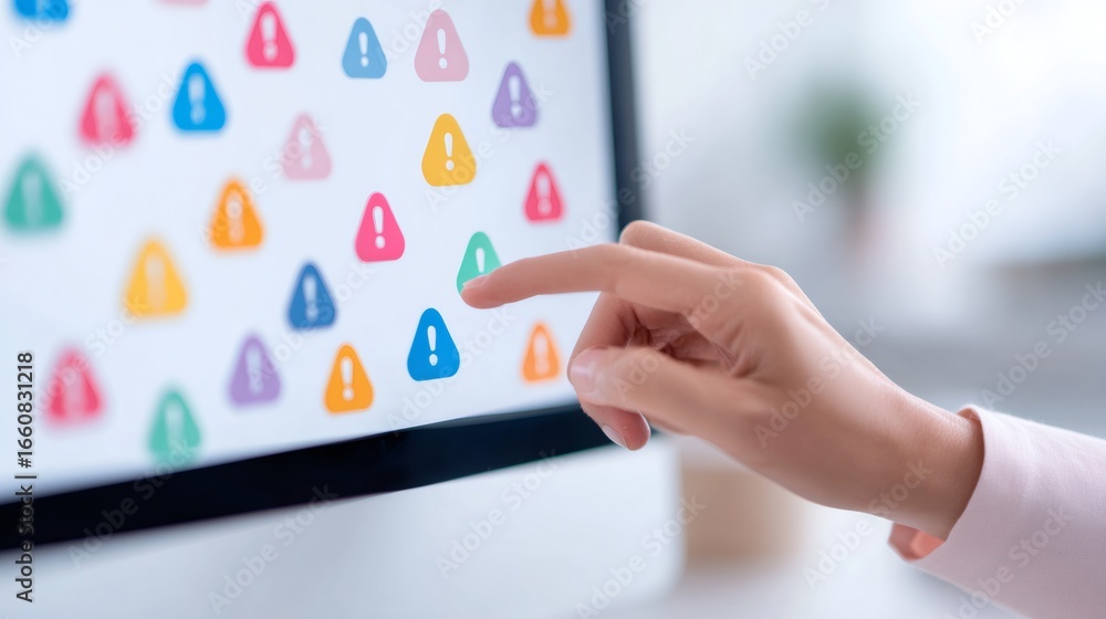 Poster woman using a computer with a screen full of warning signs. concept of risk, alert, error, or system