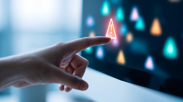 Woman hand touching a glowing red warning sign on a dark screen, concept of cyber security threat or digital vulnerability.