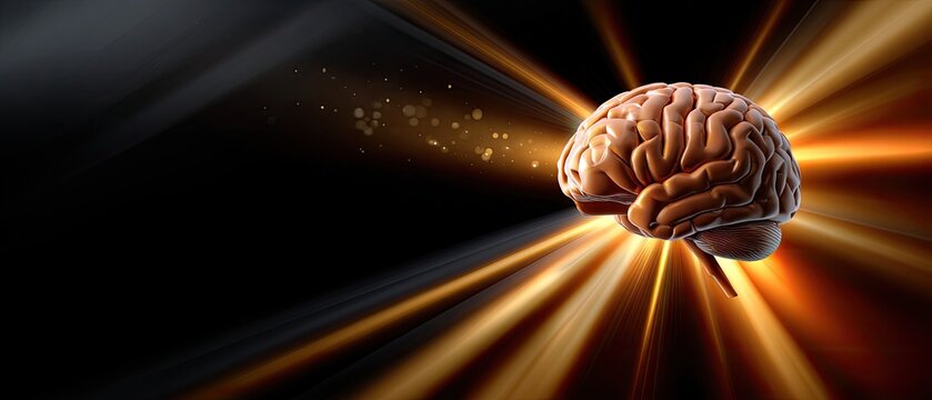 A digital illustration of a human brain illuminated by rays of light, symbolizing intelligence and mental energy.