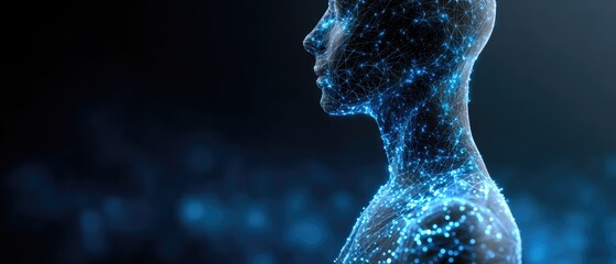 A glowing, digital silhouette of a human figure, composed of interconnected lines and dots, representing technology and data visualization.