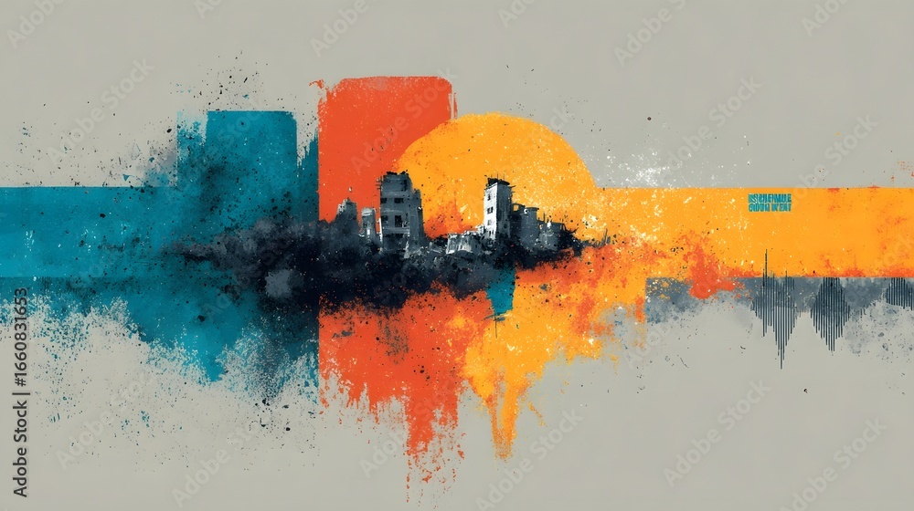 Aufkleber a boldly colored abstract interpretation of a modern urban skyline featuring dynamic shapes splashes