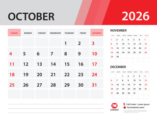 Calendar 2026 template - October 2026 year, Desk Calendar 2026 template, Week Start On Sunday, Wall calendar design, Planner layout, Stationery, Poster, printing media, Red background vector