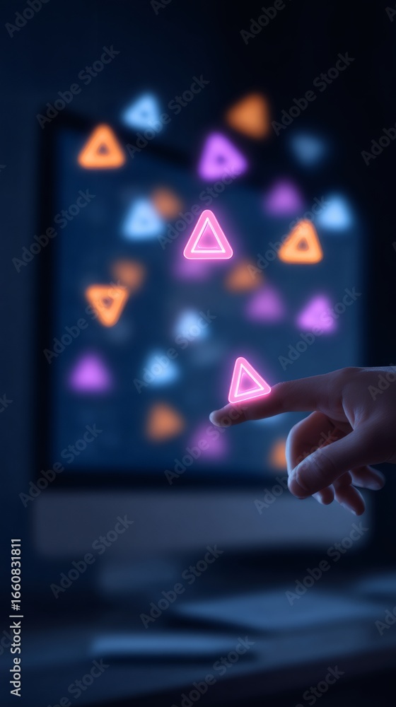 Poster a hand reaches for a glowing pink triangle, symbolizing data or user interaction in a digital space.