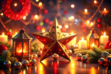 Golden star ornament and red lantern with lit candles surrounded by Christmas decorations and bokeh lights