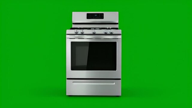 Stainless steel gas range oven on green screen background in studio