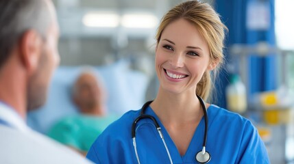 Caring Interactions: A compassionate medical professional, adorned in scrubs and a stethoscope, engages in a supportive conversation with a colleague, symbolizing patient care in a hospital setting.