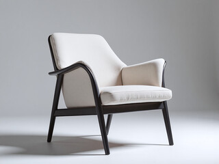 Obraz premium Linen upholstered chair with matte black frame, soft light, side view, minimal decor,Modern contrast between soft fabric and solid structure, ideal for clean visuals.