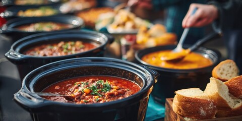 National Tailgating Day Slow Cooker Chili and Soups with Fresh Bread for Fall Football Season and Halloween Party Marketing Campaigns