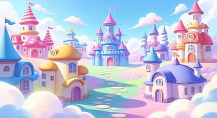 Enchanted Kingdom: A Whimsical Village of Pastel Castles and Mushroom Houses