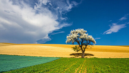 Solitary Tree in a Colorful Field: A lone tree stands proud amidst a vibrant tapestry of fields, beneath a breathtaking sky where fluffy clouds drift in the azure expanse.
