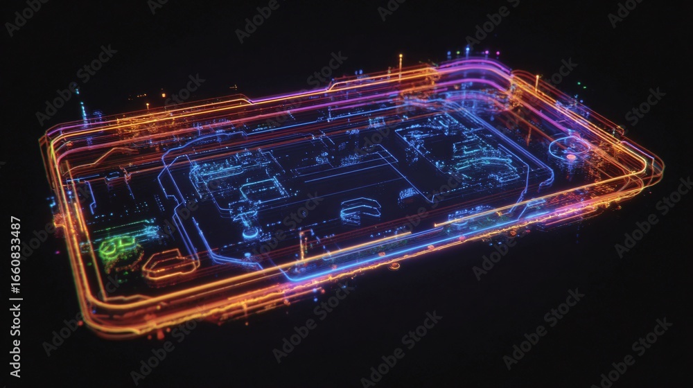 Poster a vibrant, multi-colored graphic of a technological device, displaying intricate circuit board detai
