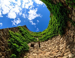 Stone tower overgrown with ivy, sky view