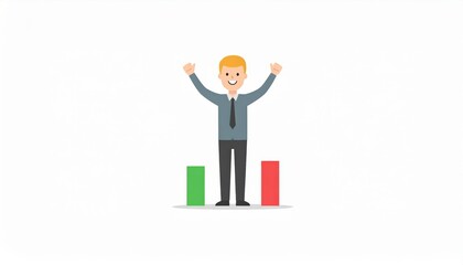 Obraz premium Happy businessman standing on podium with arms raised in victory celebrating success with colorful bars representing achievement in a minimalist style